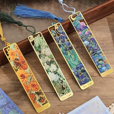 4 Pieces Metal Bookmarks with Tassel, Golden Hollow Bookmark Oil Painting Theme Book Mark Bookmarks for Book Lovers Writers Readers Children Teens Men Women Adults - Image 1