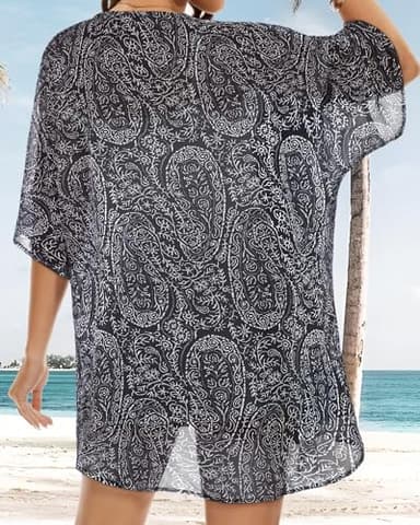 Women's Kimono Beach Coverups Sheer Chiffon Cardigan Casual Loose Open Front Blouse Tops Hawaiian Shirts(Boho Black, L) - Image 5