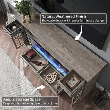OKD Fireplace TV Stand for 80 Inch TV, Farmhouse Entertainment Center with 42" Fireplace & LED Lights, Modern Media Console Table with Storage Drawers & Cabinets for Living Room, Light Rustic Oak - Image 5