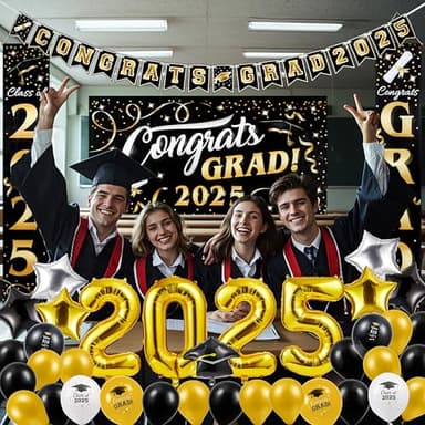JOYIN Graduation Party Decorations Class of 2025, Black & Gold Grad Celebration Supplies Set with Backdrop Banner, Porch Sign, Balloons, Foil Number 2025, Hanging Strip for High School College Grad - Image 7