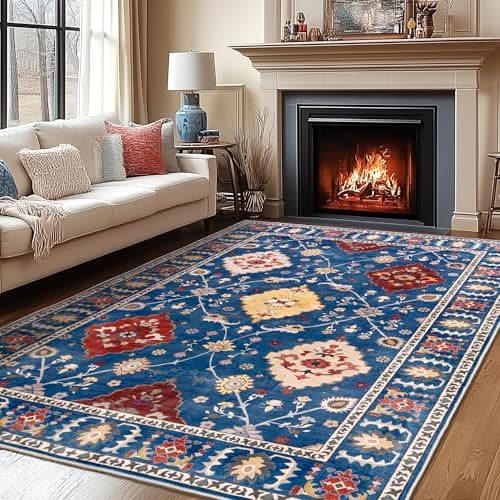 Quntue 5x7 Blue Area Rug, Machine Washable, Non Slip, Vintage Floral, Living Room, Bedroom, Dining Room, Entryway - Image 1