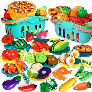 100 Pcs Play Food Set for Kids Kitchen, Pretend Food Toy for Toddlers Age 1-3, Plastics Cutting Fake Food/ Fruit/ Vegetable Accessories with 2 Baskets, Birthday Gifts for 2 3 4 5 Years Old Boys Girls - Image 1
