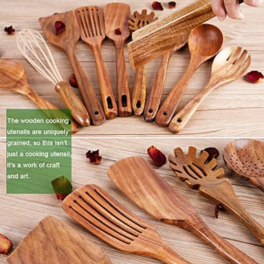 Kitchen Utenails Set with Holder,Kitchen Wooden Utensils for Cooking, Wood Utensil Natural Teak Wood Spoons for Cooking,Wooden Kitchen Utensil Set With Spatula and Ladle (11) - Image 4