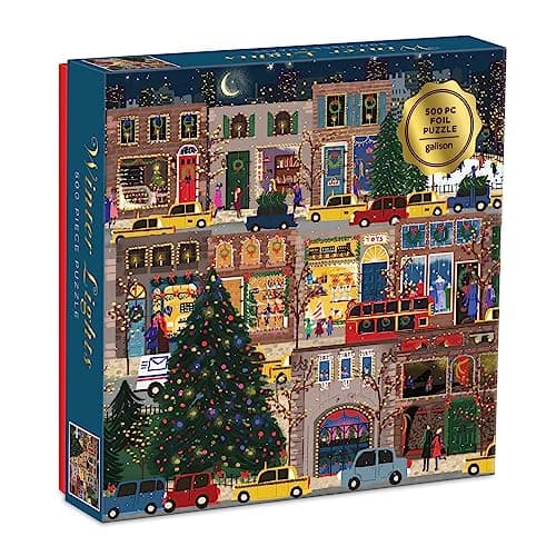 Galison Winter Lights Foil Puzzle 500 Pieces – Holiday Jigsaw Puzzle Featuring Festive City Scene by Joy Laforme – Thick, Sturdy Pieces Challenging Family Activity Great Gift Idea - Image 1