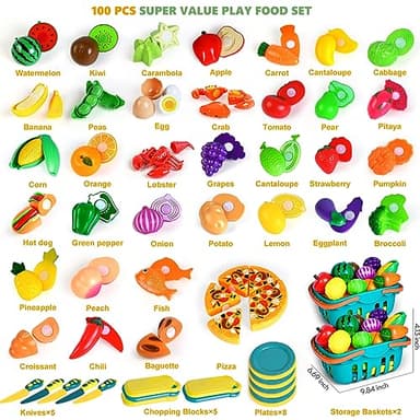 100 Pcs Play Food Set for Kids Kitchen, Pretend Food Toy for Toddlers Age 1-3, Plastics Cutting Fake Food/ Fruit/ Vegetable Accessories with 2 Baskets, Birthday Gifts for 2 3 4 5 Years Old Boys Girls - Image 2