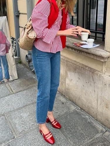 Coutgo Womens Mary Jane Chunky Low Heels Slingback Pumps Closed Square Toe Wedding Dress Shoes, Red, Size 7.5 - Image 2