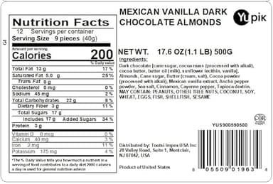 Yupik Mexican Vanilla Dark Chocolate Covered Almonds, 1.1 lb (17.6 oz), Kosher, GMO-Free, Whole Almonds Dipped in Dark Chocolate, Mexican Vanilla & Spicy Pepper, Chocolate Candy, Sweet Snacks - Image 2