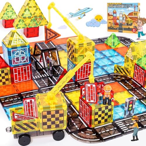 Magnetic Tiles Kids Construction Toys - Road Set with Magnet Crane for Boys Age 3-5 4-8 8-10, Magnet Building Blocks Expansion Pack Toy Car Track Train Set, Road, Dolls, Traffic Lights and Stations - Image 1