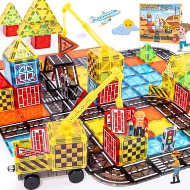 Magnetic Tiles Kids Construction Toys - Road Set with Magnet Crane for Boys Age 3-5 4-8 8-10, Magnet Building Blocks Expansion Pack Toy Car Track Train Set, Road, Dolls, Traffic Lights and Stations - Image 1