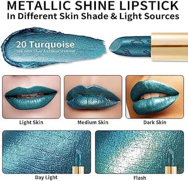 Oulac Metallic Green Lipstick for Women with Metallic 3D Shine, Lightweight Hydrating Formula, High-Impact Lip Color, Vegan Beauty, Full Coverage Lip Makeup, Turquoise (20 - Image 3