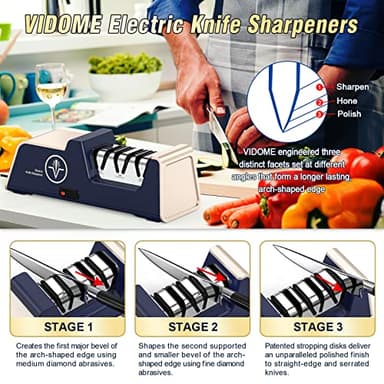 VIDOME Professional Electric Knife Sharpener with 100% Diamond Abrasives and Precision Angle Guides for Kitchen Straight Edge&Ceramic Knife Work Sharp, 3-stage Champagne Gold, afilador de cuchillos - Image 7