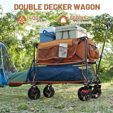 TIMBER RIDGE 400L Large Capacity Folding Double Decker Wagon with Brakes, 54" Extra Long Extender Wagon Cart, 660lbs Heavy Duty Collapsible Cart, All-Terrain Big Wheels for Camping, Sports, Shopping - Image 3