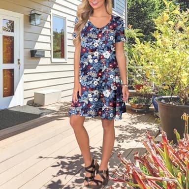 lionstill Women's Casual T Shirt Dress Summer Fashion Short Sleeve Swing Floral Dresses with Pockets, Mixed Flowers Pale Blue XL - Image 4