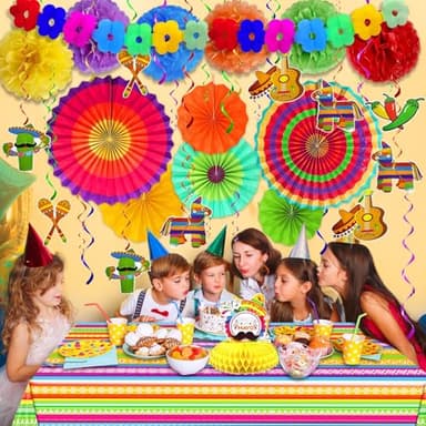 [ 7 Varieties ] 39 Pcs Cinco De Mayo Decorations, Fiesta Mexican Theme Party Supplies Paper Fans Pom Poms Banner Hanging Swirls Table Cover Honeycomb Table Centerpiece Taco Luau Decor - Image 4