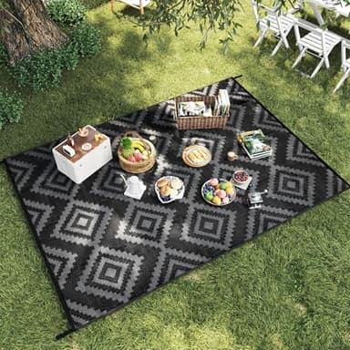 Outdoor Plastic Straw Rug - 5x8 ft Waterproof Patio Rug Clearance, Reversible Outdoor Carpet for RV, Camping, Deck, Balcony, Porch, Picnic, Backyard (Black & Grey) - Image 2