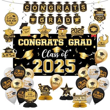 2025 Graduation Decorations Set- Class of 2025 Grad Party Decorations, Congrats Grad Banner, Backdrop, Grad Hanging Swirl, Balloons and Honeycomb Table Toppers, Graduation Party Supplies - Image 1