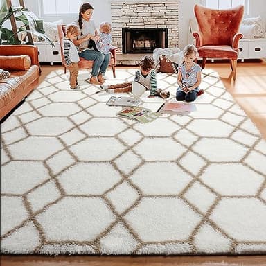 ONASAR Large Area Rugs for Living Room, 7x10 White and Beige Bedroom Rug, Washable Geometric Boho Soft Plush Shaggy Fuzzy Floor Carpet Mat for Nursery Kids Girls Boys Teen Dorm Home Decor - Image 6