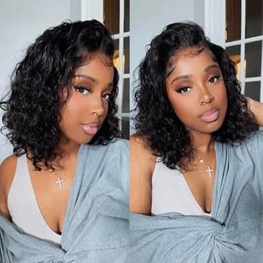 14 Inch Short Bob Wigs 13x4 Deep Wave Bob Wig Human Hair 220% Density Deep Curly 100% Virgin Human Hair Pre Plucked Wet and Wavy Glueless Transparent Lace Frontal Wig for Women Natural Hairline - Image 7