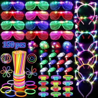 150PCS Glow in the Dark Party Supplies for Kids Adults, Light Up Party Favors with Light Up Glasses, Headband, Rings, 100 Glow Sticks Bulk Party Pack DIY Glow Necklaces Bracelets, Neon Party Supplies - Image 1