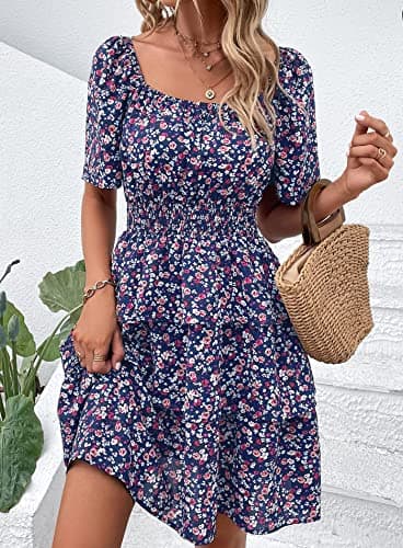 PRETTYGARDEN Women's 2025 Floral Summer Short Dress Square Neck Short Sleeve Tiered Ruffle Boho Swing Dresses (Blue Purple Floral,Medium) - Image 8