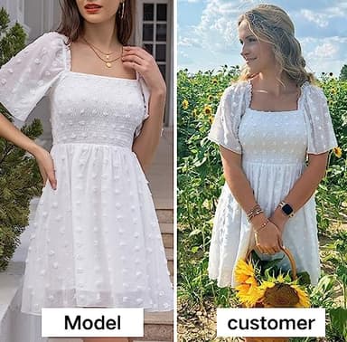 EXLURA Women's Summer Flowy Mini Sundress Square Neck High Waist Swiss Dot Smocked Ruffle Short Flutter Sleeve Dress White - Image 2