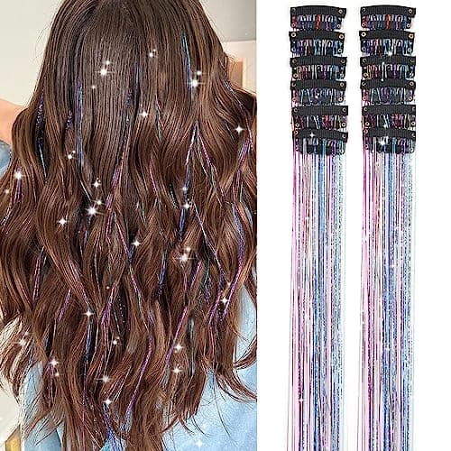 Hair Tinsel Pack of 12 Pcs Colorful Glitter Hair Accessories 20 Inch Clip in Hair Tinsel Extensions Fairy Hair Accessories Party Kit for Women Girls Kids (12Pcs,Colorful#) - Image 1