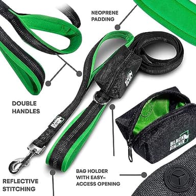 Black Rhino 6 ft Long Heavy Duty Dog Leash with Traffic Handle for Medium and Large Dogs - Padded Neoprene Dual Handles, Bag and Clip - Reflective, Durable, and Weather Resistant - Green - Image 3