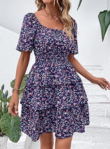 PRETTYGARDEN Women's 2025 Floral Summer Short Dress Square Neck Short Sleeve Tiered Ruffle Boho Swing Dresses (Blue Purple Floral,Medium) - Image 5