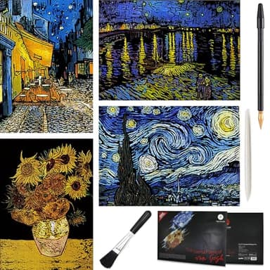 Scratch Art Painting 4 Pcs Vincent Van Gogh Scratch Rainbow Paper Set for Adults and Kids, DIY Sketch Card Engraving Craft Night View Scratchboard with 4 Tools - Cafe Terrace, Sunflowers, Starry Night - Image 1