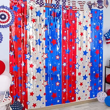 LOLStar 4th of July decorations, 3 Pack Red White Blue Decorations, 3.3x6.6ft Star Pattern Tinsel Foil Fringe Curtains, Photo Booth Props Backdrop for Memorial Day, Patriotic, USA Party Decor Supplies - Image 1