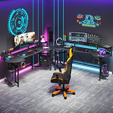 Tribesigns 75 Inch Gaming Desk with Monitor Shelf, Large PC Computer Desk with LED Lights, Gaming Table Gamer Desk for Bedroom, Home Office, Black - Image 5