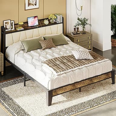 LIKIMIO Queen Bed Frame, Storage Headboard with Charging Station, Solid and Stable, Noise Free, No Box Spring Needed, Easy Assembly (Walnut and Beige) - Image 5