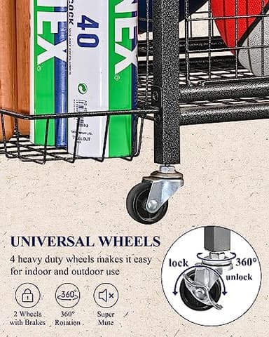 Mythinglogic Garage Sports Equipment Organizer, Ball Storage Extra Large Capacity Six Tier Sports Organizer for Garage, Basketball Rack with Hooks and Baskets for Football, Soccer Ball, Bat, Toys - Image 4