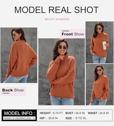 Dokotoo Fall Sweaters for Women 2025 Batwing Long Sleeve Turtleneck Sweaters Solid Autumn Basic Casual Halloween Sweaters Loose Oversized Chunky Knit Pullovers Sweaters Jumper Orange Blouses Medium - Image 3