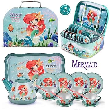 Lajeje Mermaid Tea Party Set for Little Girls, Kids Party Set Toys for 3 4 5 6 Year Old Girls, Pretend Toy Tin Tea Set & Carrying Case, Princess Tea Time Kitchen Play Toys, Birthday Gifts for Girls - Image 3