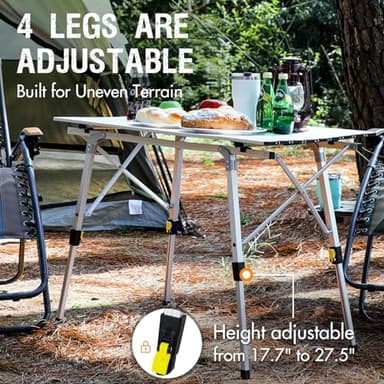 PORTAL Outdoor Folding Portable Picnic Camping Table with Adjustable Height Aluminum Roll Up Table Top Mesh Layer, Silver - Image 4
