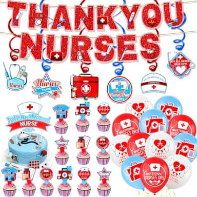 HOWAF Nurse Appreciation Week Decoration Set, 1 Glitter Thank You Nurse Banner, 18pcs Nurse Week Balloons, 6pcs Thank You Nurse Hanging Swirls, 13pcs International Nurse Day Cupcake Topper - Image 1