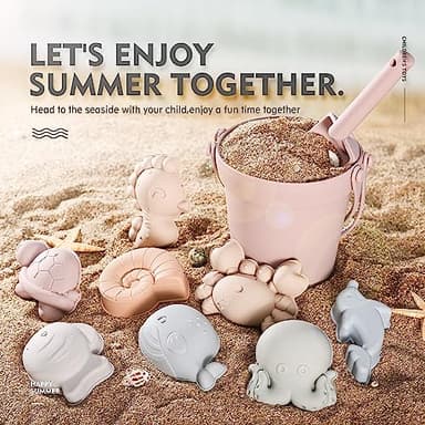 MarcZero 11Pcs Silicone Beach Toys,Modern Baby Beach Toys,Travel Friendly Beach Set,Silicone Bucket, Shovel, 8 Sand Molds, Beach Bag,Silicone Sand Toys for Toddlers, Kids (Pink) - Image 3
