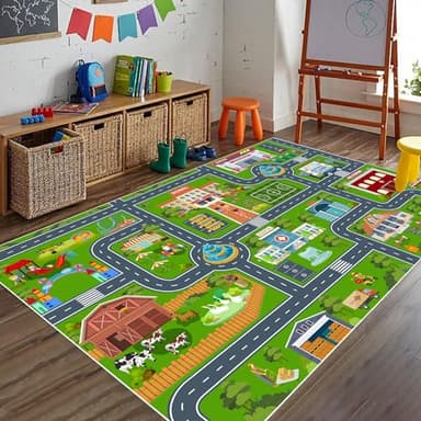 VNUVCOE Kids Car Rug Playmat Carpet, Playroom City Road Race Track Rug for Playing Cars Toys, Educational Area Rugs for Bedroom Classroom Toddlers Kids Room Safe Area Decor(Green,2.6x3.9ft) - Image 8