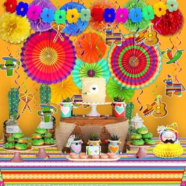 [ 7 Varieties ] 39 Pcs Cinco De Mayo Decorations, Fiesta Mexican Theme Party Supplies Paper Fans Pom Poms Banner Hanging Swirls Table Cover Honeycomb Table Centerpiece Taco Luau Decor - Image 2