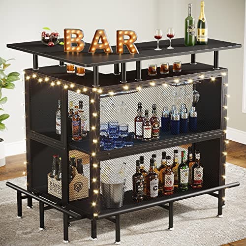 Tribesigns Home Bar Unit, L-Shaped Bar Table with Stemware Racks and 2-Tier Shelves, Corner Mini Coffee Liquor Cabinet with Footrest for Home/Kitchen/Pub, Black - Image 1