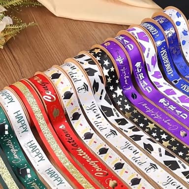 LaRibbons Graduation Ribbon 3 Rolls 1 Inch x 15 Yards TTL, Black and White Gold Congrats Grad Satin Ribbon for Gift Wrapping Class of 2025 Grad Party Decorations DIY Crafts Lei Making - Image 7