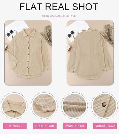 Dokotoo Women Shirts Long Sleeve Waffle Knit Top Plus Size Shacket Lightweight Collared V Neck Button Up Blouses Casual Fashion Spring Jacket Women Apricot Medium - Image 3