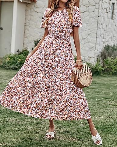 PRETTYGARDEN Women's Summer Casual Short Flutter Sleeve Round Neck Smocked Waist Tiered Boho Floral Flowy Maxi Dress(Floral and Leave Brown White,XX-Large) - Image 8