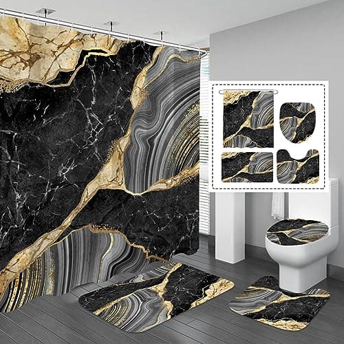 Gibelle 4 Pcs Marble Shower Curtain Set with Non-Slip Rugs, Toilet Lid Cover and Bath Mat, Luxury Black Grey Bathroom Decor Set with Shower Curtain and Rugs and Accessories - Image 1