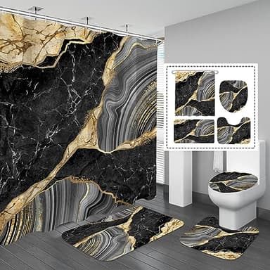 Gibelle 4 Pcs Marble Shower Curtain Set with Non-Slip Rugs, Toilet Lid Cover and Bath Mat, Luxury Black Grey Bathroom Decor Set with Shower Curtain and Rugs and Accessories - Image 1