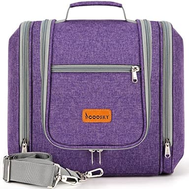 Extra Large Toiletry Bag for Women and Men, 6 Organizer Compartments, Holds Full Size Shampoo, with Hanging Hook Cosmetic Bag, Travel Makeup Bag, Bathroom Water-resistant Toiletries Bag, Purple - Image 1