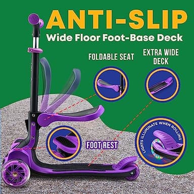 3 Wheel Scooter for Kids with Foldable Seat, Adjustable Handlebar Height, Lean-to-Steer Ride On Toy for Kids Ages 2+, Light-Up LED Wheels, Wide Anti Slip Deck, Indoor & Outdoor Use, Purple - Image 4