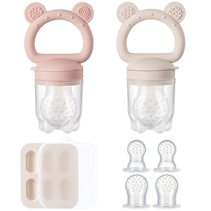 2 Pack Silicone Baby Fruit Feeder with Mini Freezer Tray, Breastmilk Popsicle Molds for Baby Teething Relief, Fresh Food Feeder for Safe Infant Self Feeding, Extra Food Pouches - Pink - Image 1
