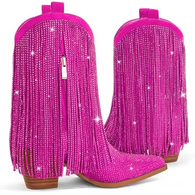 Ouepiano Cowboy Boots for Women - Pink Cowgirl Rhinestone Boots with Sparkly Fringe Pointed Toe Western Boot Chunky Heel Pull-On Wide Calf Botas Vaqueras Size 7.5 - Image 7